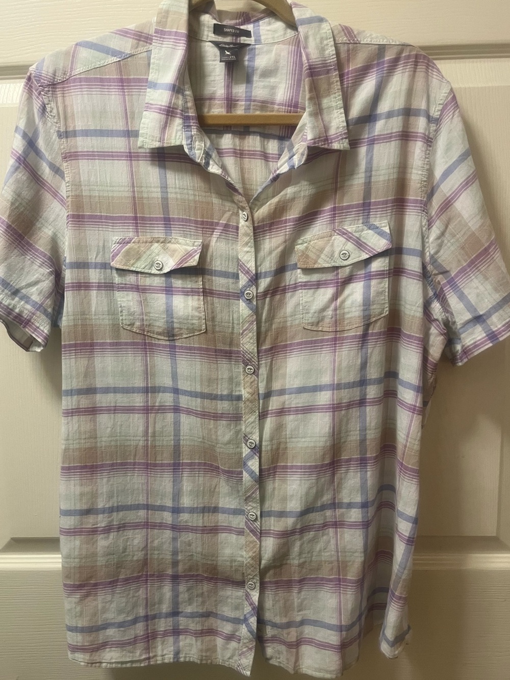 Eddie Bauer Womens 2XL Shaped Fit Plaid Button Front Shirt Short Sleeve Pur/Blue